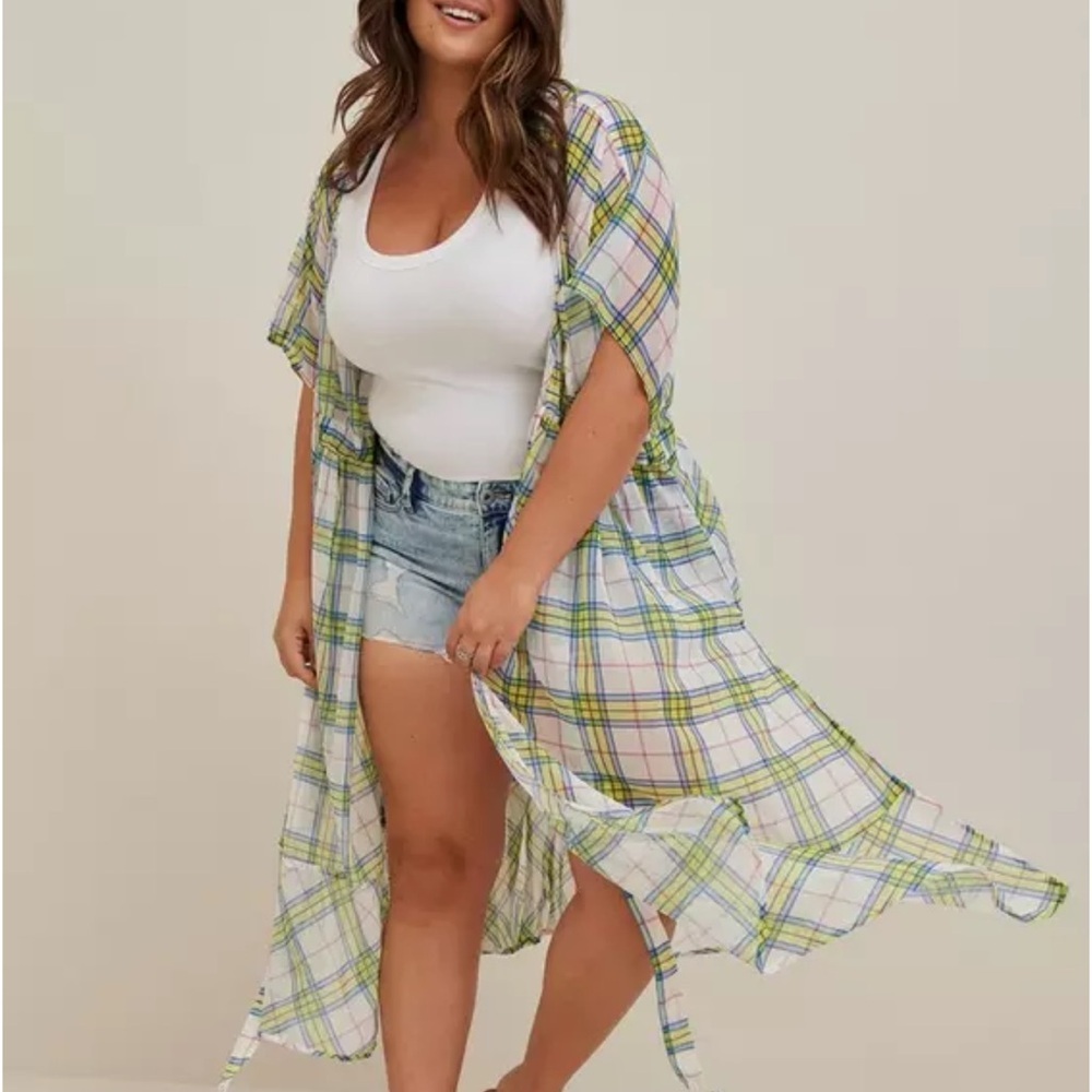 Torrid Cinch Waist Kimono - Chiffon Plaid Blue Yellow Size 2, 2X